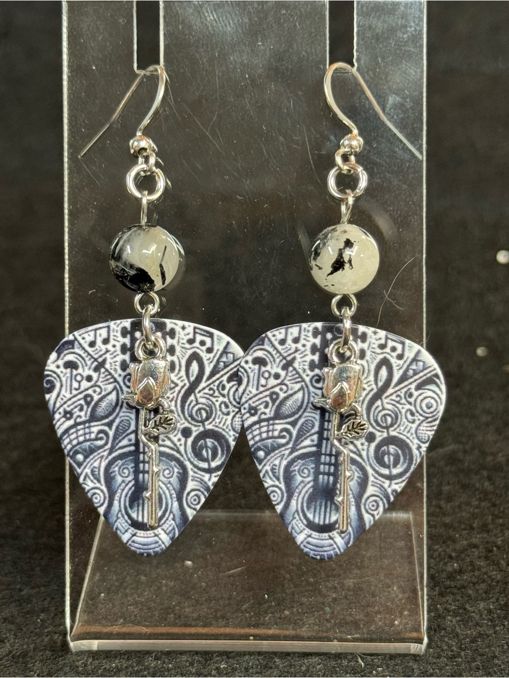 Black & White Guitar Pick Drop Earrings with Rose Charm